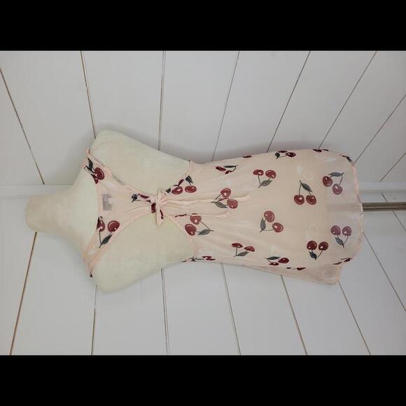 Tramp Y2K medium pink with red cherries sheer sleeveless top - Picture 2 of 5